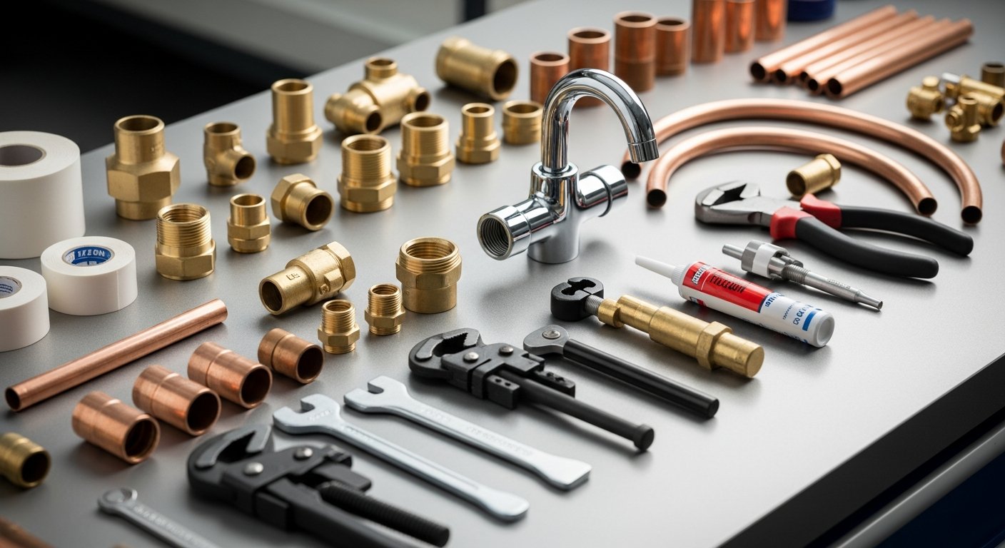 City Plumbing trade tools and plumbing materials arranged on workbench surface
